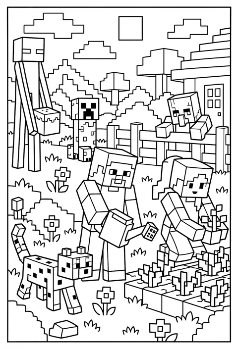 A zombie villager peeking over a garden fence, looking silly rather than scary coloring page
