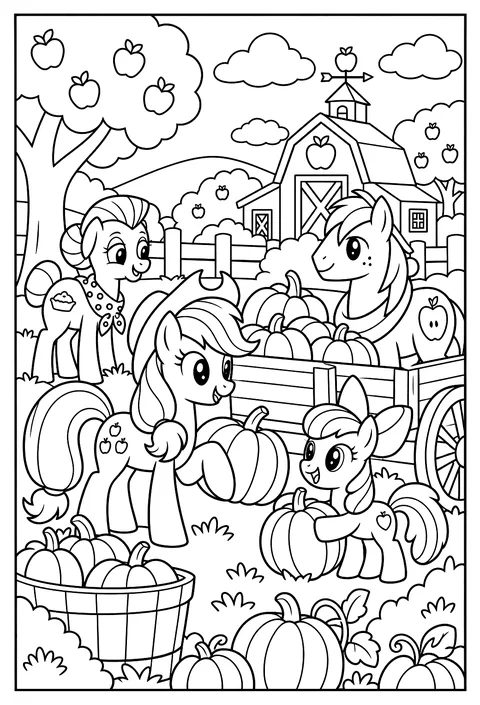 Applejack and her family harvesting pumpkins at Sweet Apple Acres coloring page