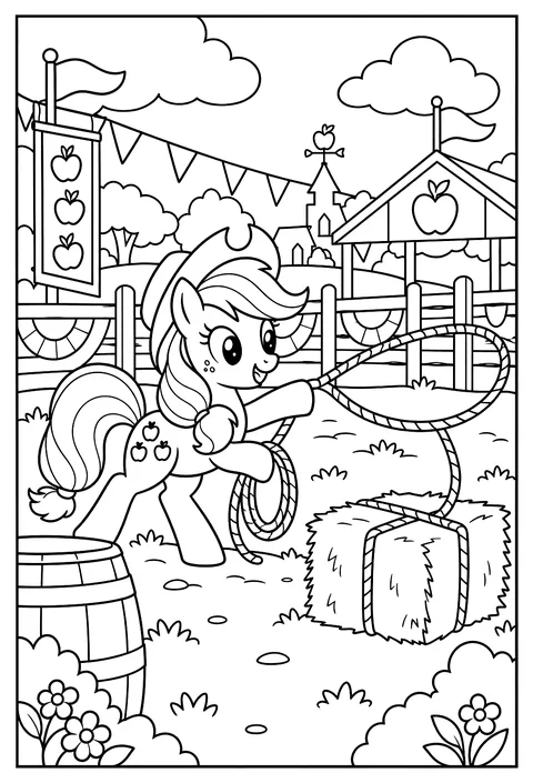 Applejack at the Ponyville rodeo lassoing a hay bale coloring page