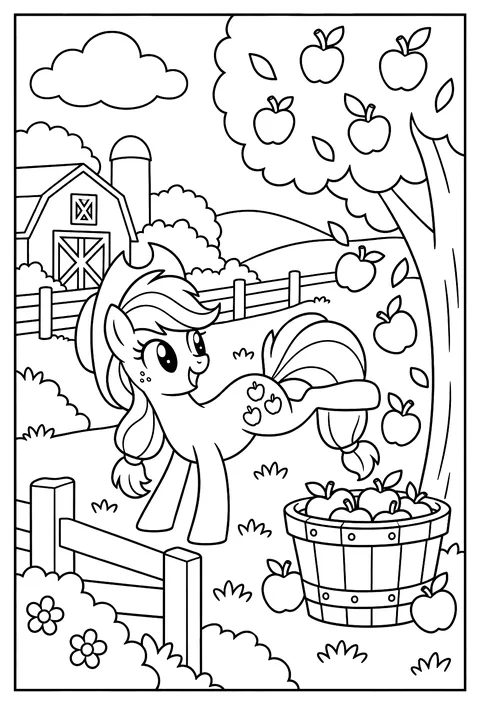 Applejack bucking apples from a tree into a wooden basket at Sweet Apple Acres coloring page