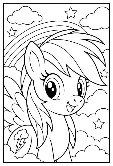 A close-up portrait of Rainbow Dash's face with her spiky rainbow mane coloring page