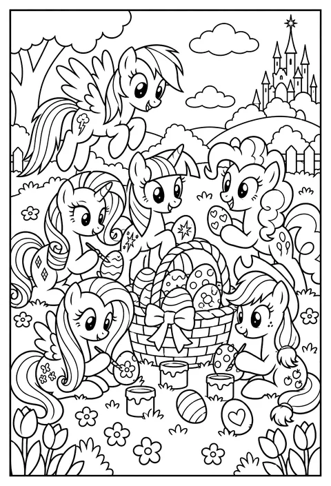 An Easter scene with ponies painting eggs in a flower-filled basket coloring page