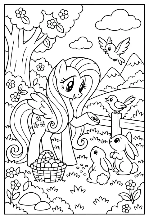 Fluttershy feeding bluebirds and bunnies in a meadow coloring page