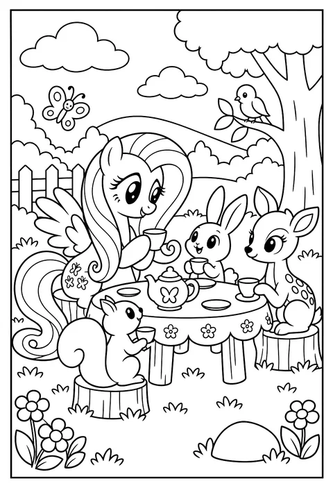 Fluttershy having a tea party with woodland animals at a tiny table coloring page