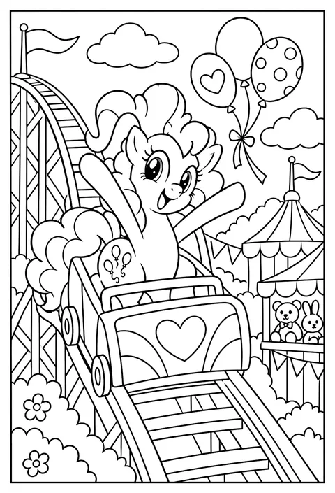Pinkie Pie riding a rollercoaster cart at a carnival with balloons overhead coloring page