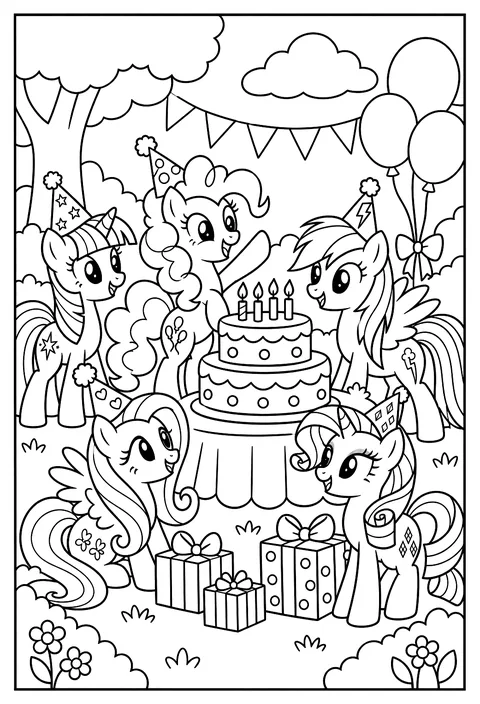Pinkie Pie's birthday party with a tiered cake, party hats and balloons coloring page