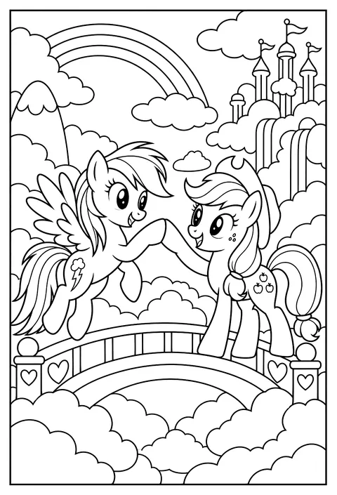 Rainbow Dash and Applejack sharing a friendly hoof-bump on a cloud bridge coloring page