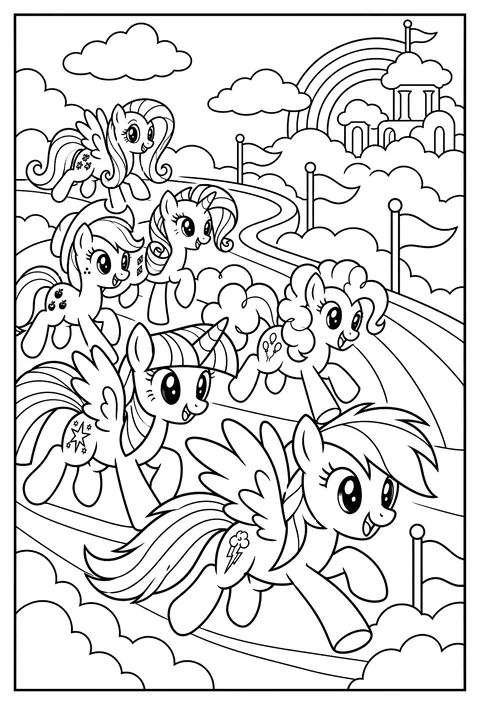 Rainbow Dash and her friends racing along a cloud racetrack coloring page