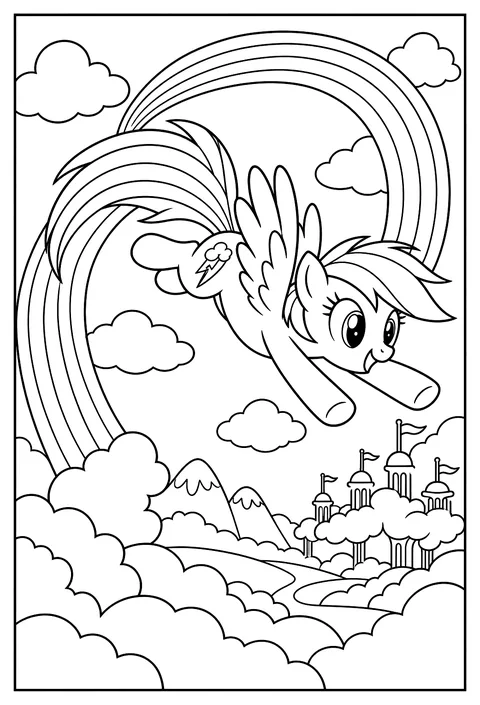 Rainbow Dash performing a sonic rainboom loop above fluffy clouds coloring page
