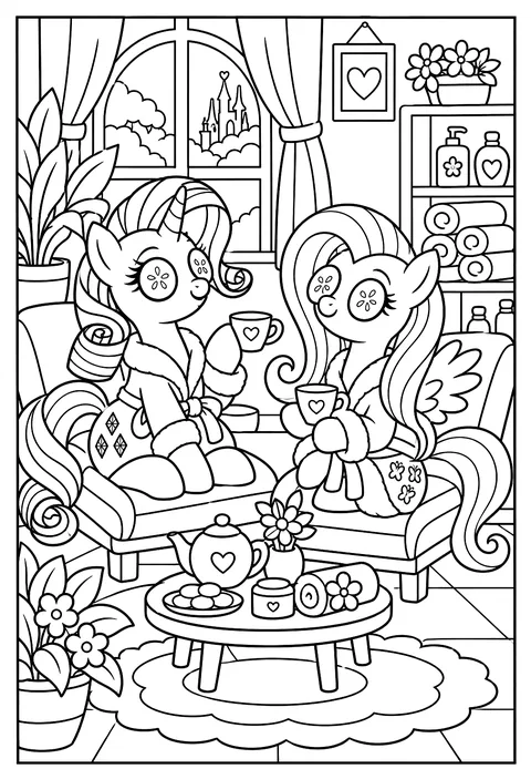 Rarity and Fluttershy having a spa day with cucumber slices and fluffy robes coloring page