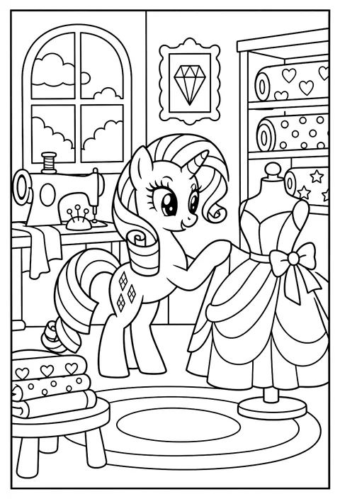Rarity designing gowns with bolts of fabric and a sewing machine coloring page