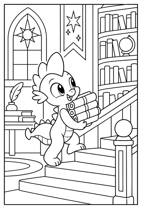 Spike the baby dragon carrying a stack of scrolls up the library stairs coloring page