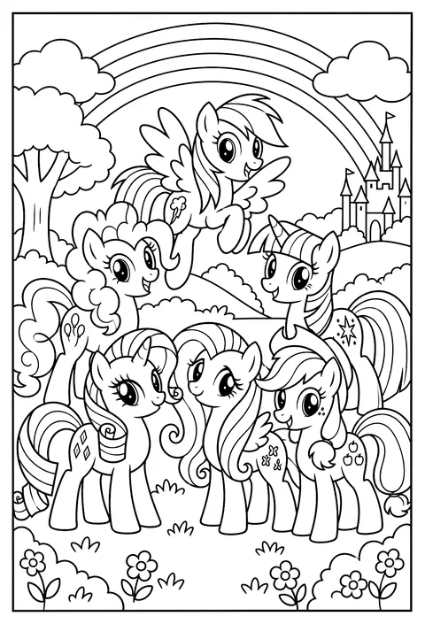 The Mane Six group pose standing together under a rainbow arch coloring page