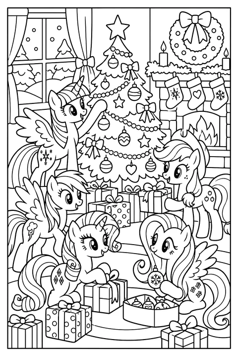 The ponies celebrating Hearth's Warming around a decorated tree with stockings coloring page