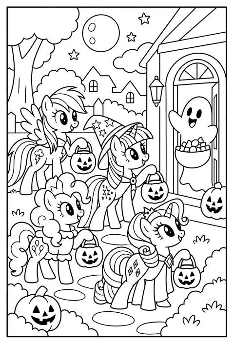 The ponies trick-or-treating for Nightmare Night with pumpkin baskets and a friendly ghost coloring page