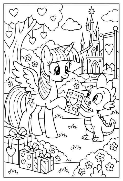 Twilight Sparkle and Spike exchanging a Hearts and Hooves Day card covered in little hearts coloring page