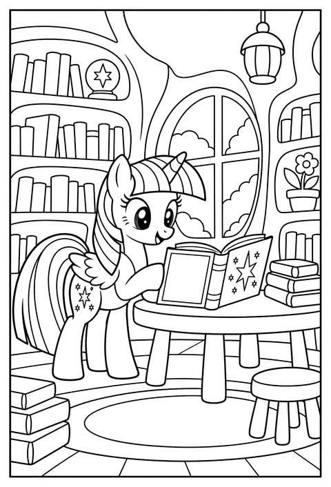Twilight Sparkle reading a spellbook in the Golden Oaks Library treehouse, shelves of books around her coloring page