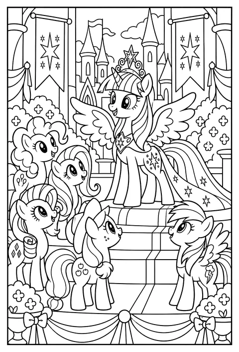 Twilight Sparkle's coronation as an alicorn princess with a crown and wings coloring page