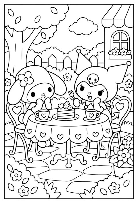 My Melody and Kuromi sharing a slice of cake at a table coloring page