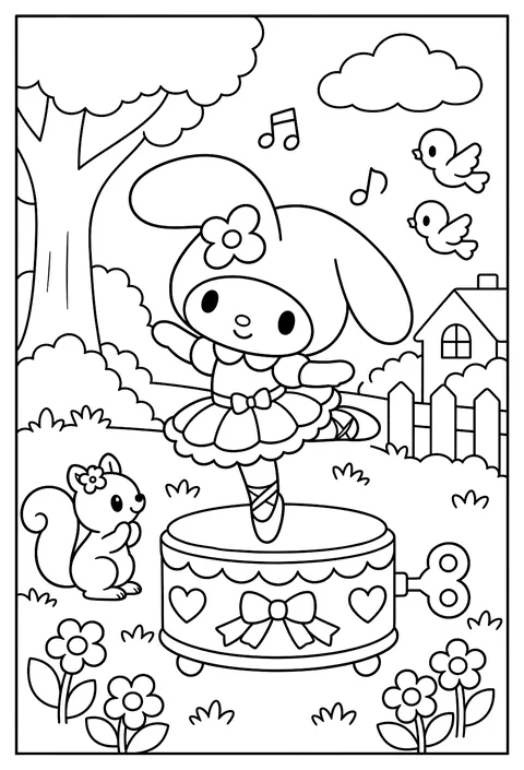 My Melody as a ballerina twirling on a music box coloring page