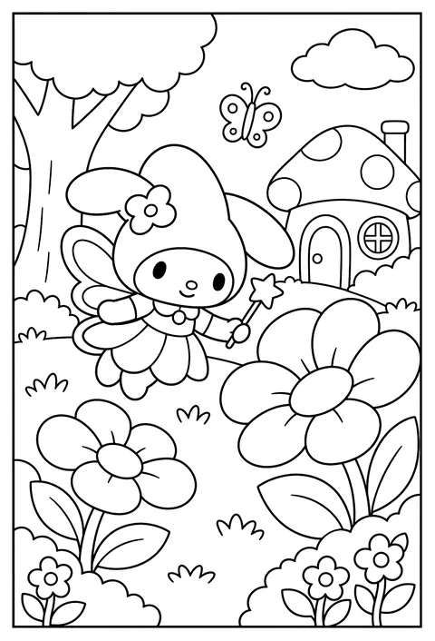 My Melody as a fairy with little wings among giant flowers coloring page