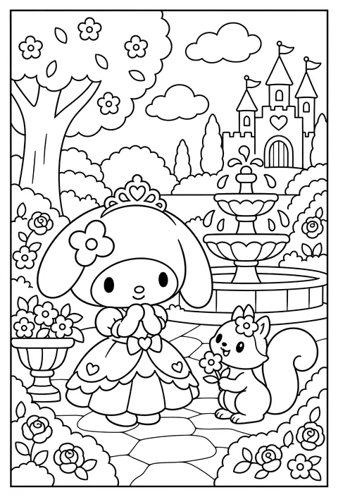 My Melody as a princess in a castle garden with a fountain coloring page