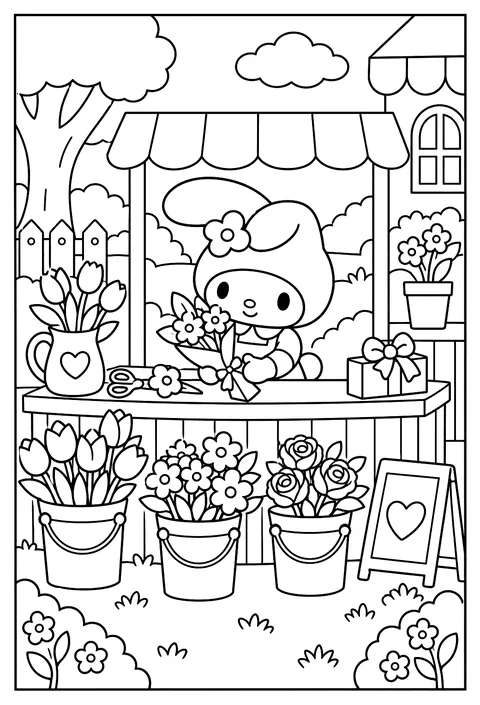 My Melody at a flower shop counter with bouquets in buckets coloring page