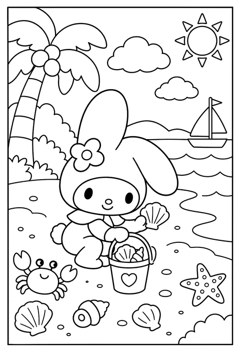 My Melody at the seaside collecting shells in a bucket coloring page
