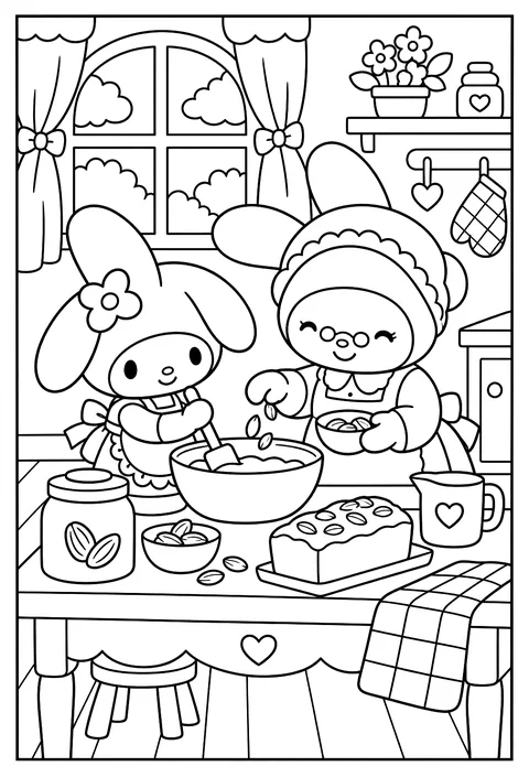 My Melody baking almond pound cake with her grandmother in a cottage kitchen coloring page