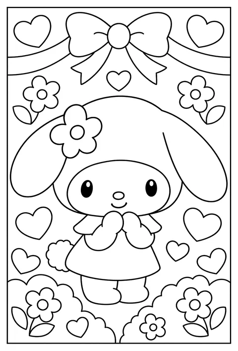 A big My Melody face surrounded by a pattern of hearts, flowers and ribbons coloring page