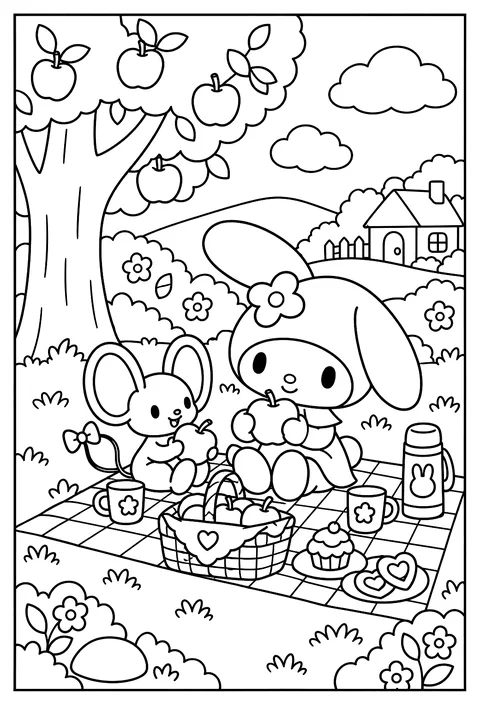 My Melody having a picnic with Flat the blue mouse under an apple tree coloring page