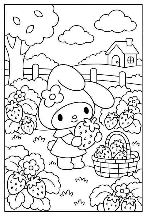 My Melody holding a big strawberry in a strawberry field coloring page