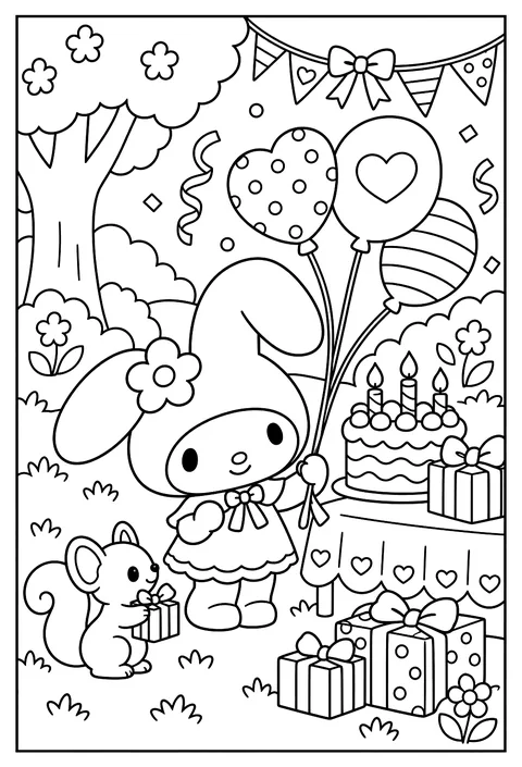 My Melody holding balloons at a birthday party with streamers coloring page