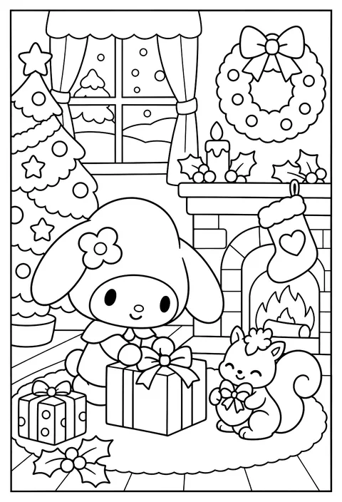 My Melody in a Christmas scene with a wreath, a stocking and a gift coloring page