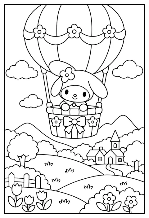 My Melody in a hot air balloon over rolling hills coloring page