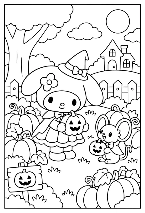 My Melody in a pumpkin patch for Halloween with a small witch hat over her hood coloring page