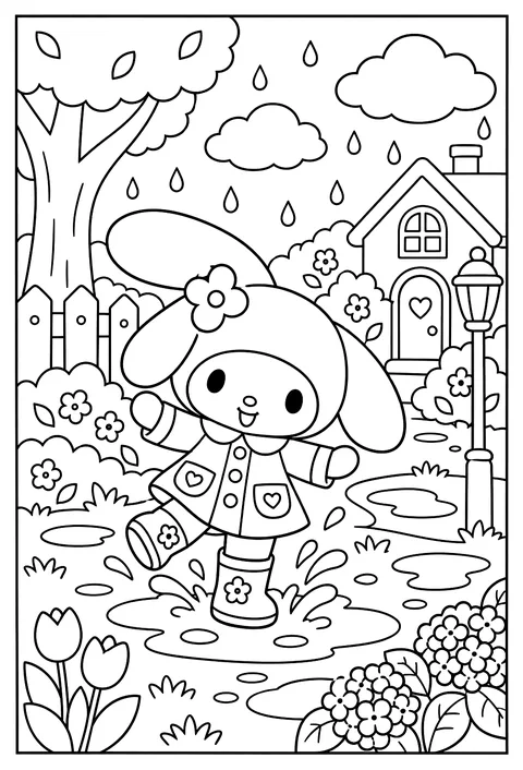 My Melody in a raincoat splashing in puddles with rain boots coloring page