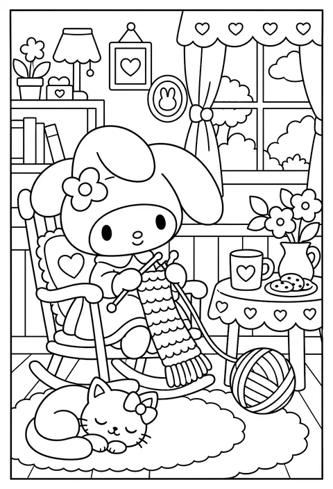 My Melody knitting a scarf in a rocking chair with a ball of yarn coloring page