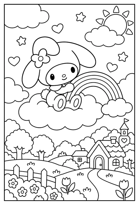 My Melody on a cloud holding a rainbow coloring page