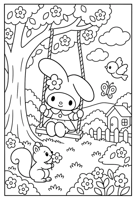 My Melody on a swing hanging from a big flowering tree coloring page
