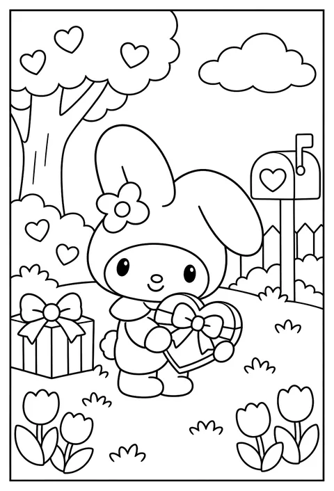 My Melody on a Valentine's card holding a heart-shaped box of chocolates coloring page