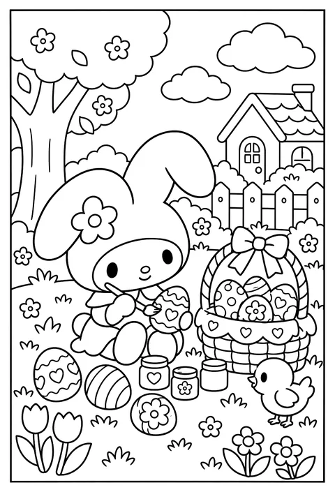 My Melody painting Easter eggs with a paintbrush, a basket of eggs coloring page