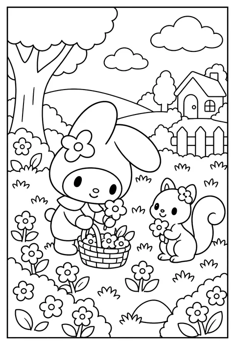 My Melody picking flowers in a meadow with a woven basket coloring page