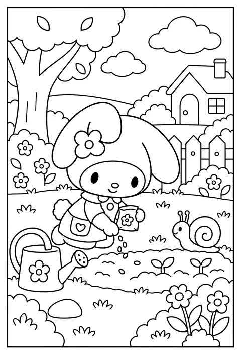 My Melody planting seeds in a garden with a watering can and a snail coloring page