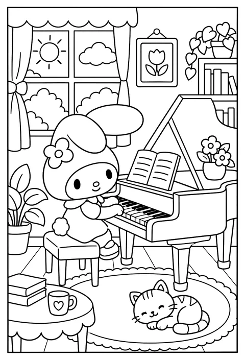 My Melody playing a piano in a sunny living room coloring page