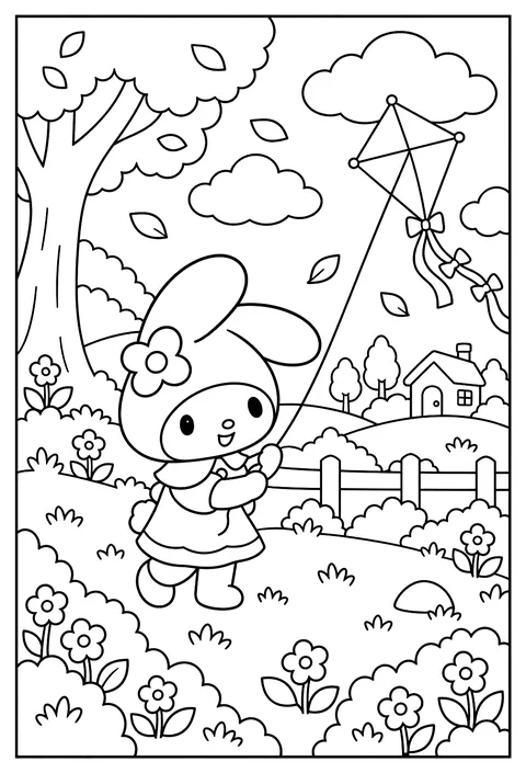 My Melody playing with a kite in a windy field coloring page