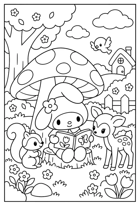 My Melody reading a picture book under a toadstool coloring page