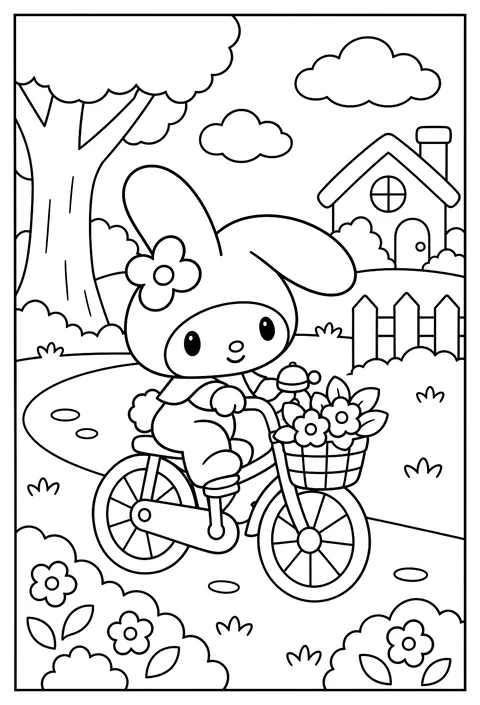 My Melody riding a bicycle with a bell and a flower basket coloring page