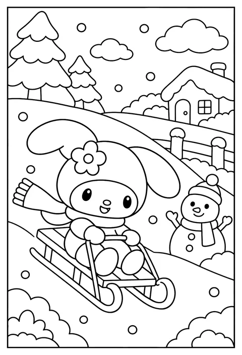 My Melody sledding on a snowy hill in a scarf coloring page