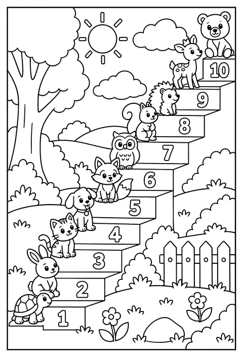 Numbers 1 to 10 as a staircase with an animal on each step coloring page